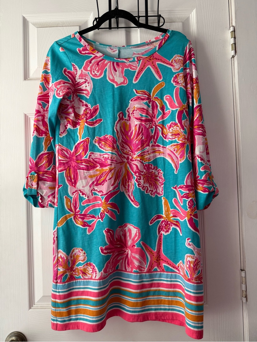 Lilly Pulitzer Floral Shift Dress Pima Cotton Size Small Sea Blur Sunny Starfish